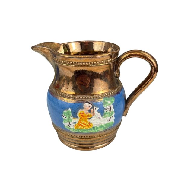 Antique Hand-Painted Copper Lustre Pitcher With Child & Dog Design - Picture 1 of 8